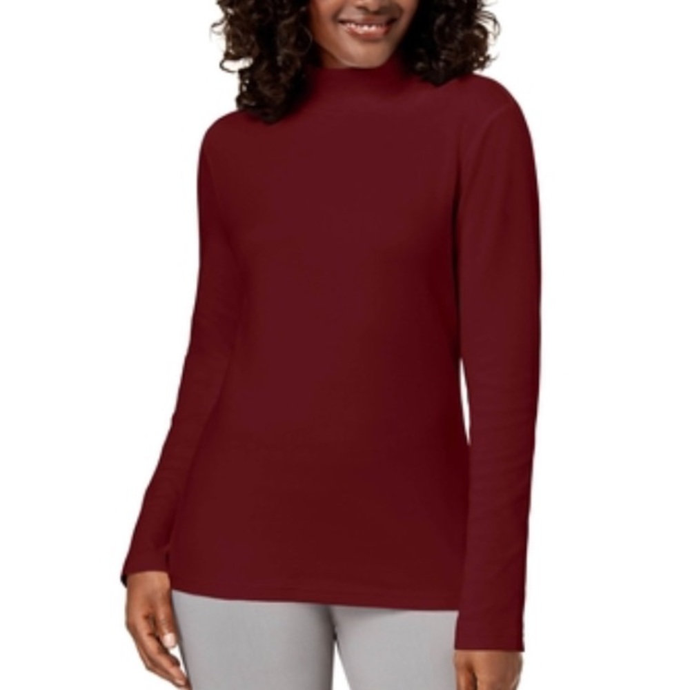 NEW Karen Scott Women's LongSleeve Mock Neck Cotton Maroon Burgundy Cranberry